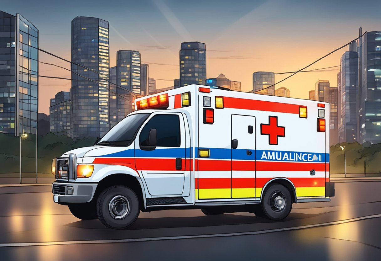 Uma ambulância com luzes piscando e a cidade de Curitiba ao fundo