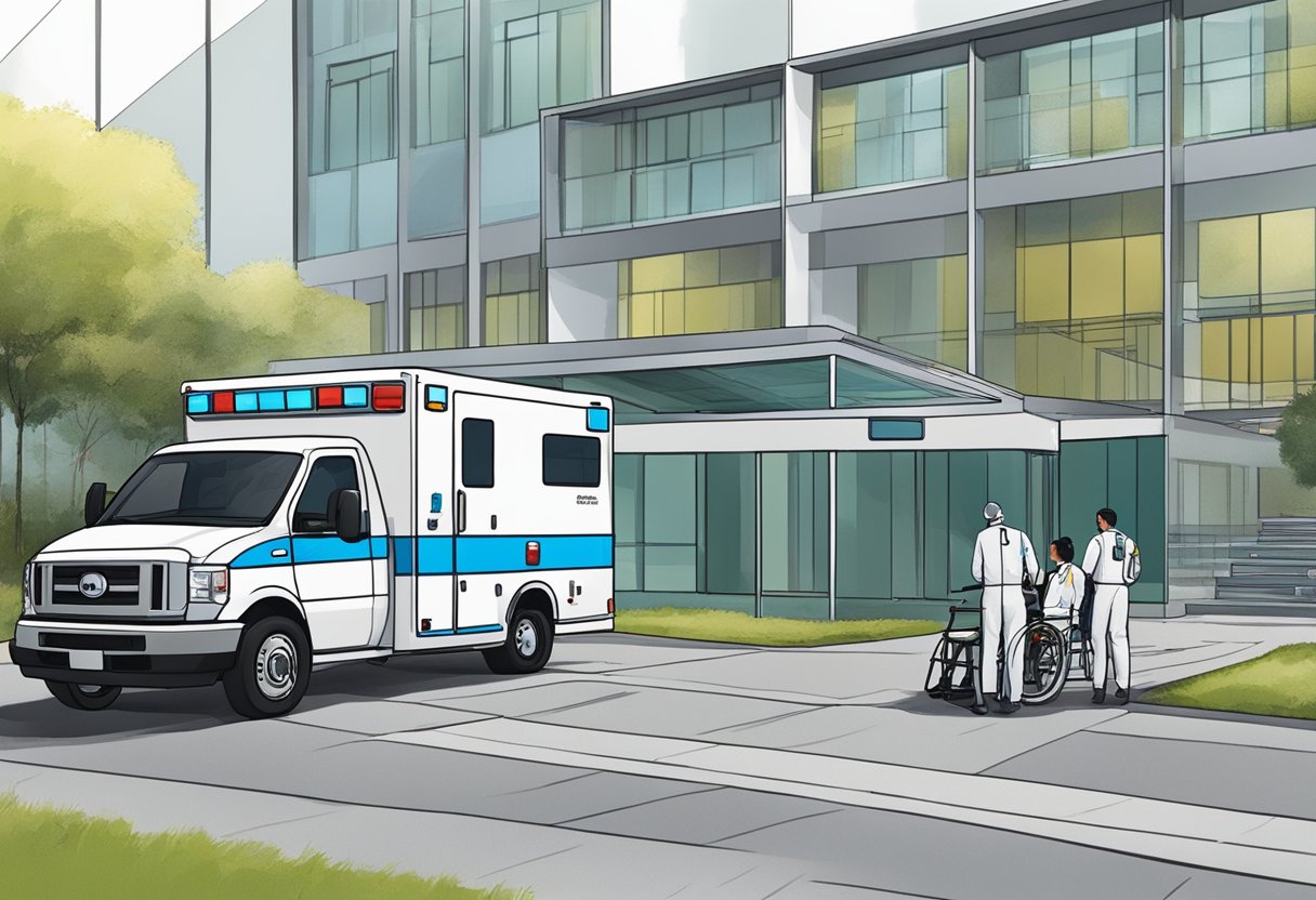 Uma ambulância estacionada do lado de fora de uma unidade de saúde regional em Curitiba, com profissionais de saúde assistindo a um paciente.