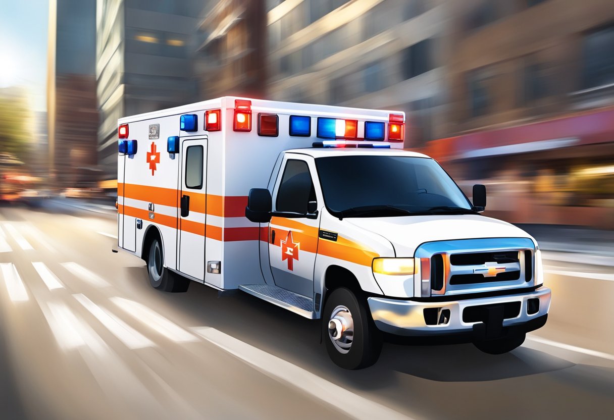 Uma ambulância acelerando pelas ruas da cidade, luzes piscando, sirenes soando, apressando-se para fornecer atendimento médico de emergência