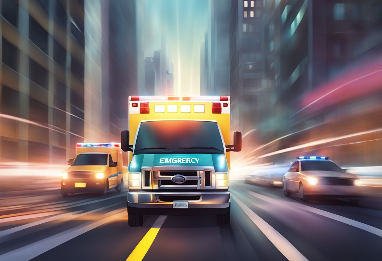 Uma ambulância de emergência acelerando pelas ruas da cidade com luzes piscando e sirenes soando