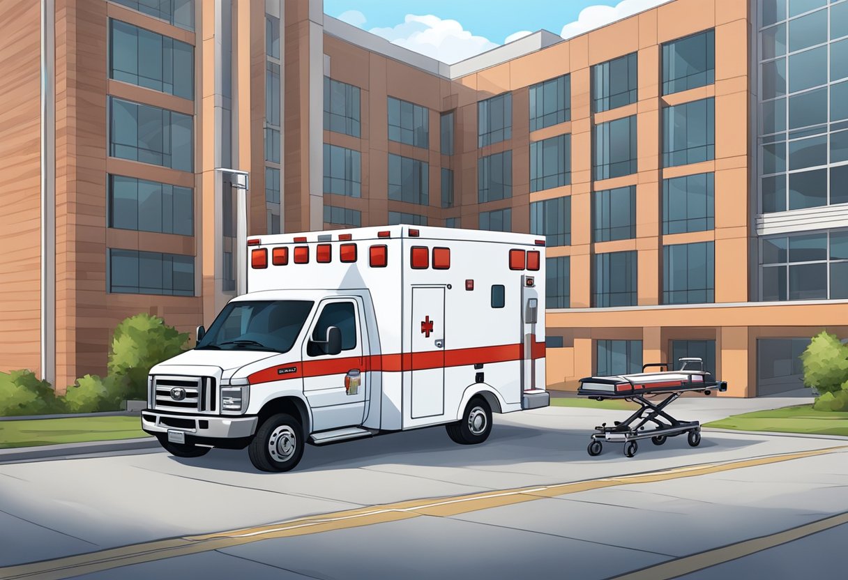 Uma ambulância de emergência estacionada do lado de fora de um hospital, com luzes piscando e um paramédico carregando uma maca.