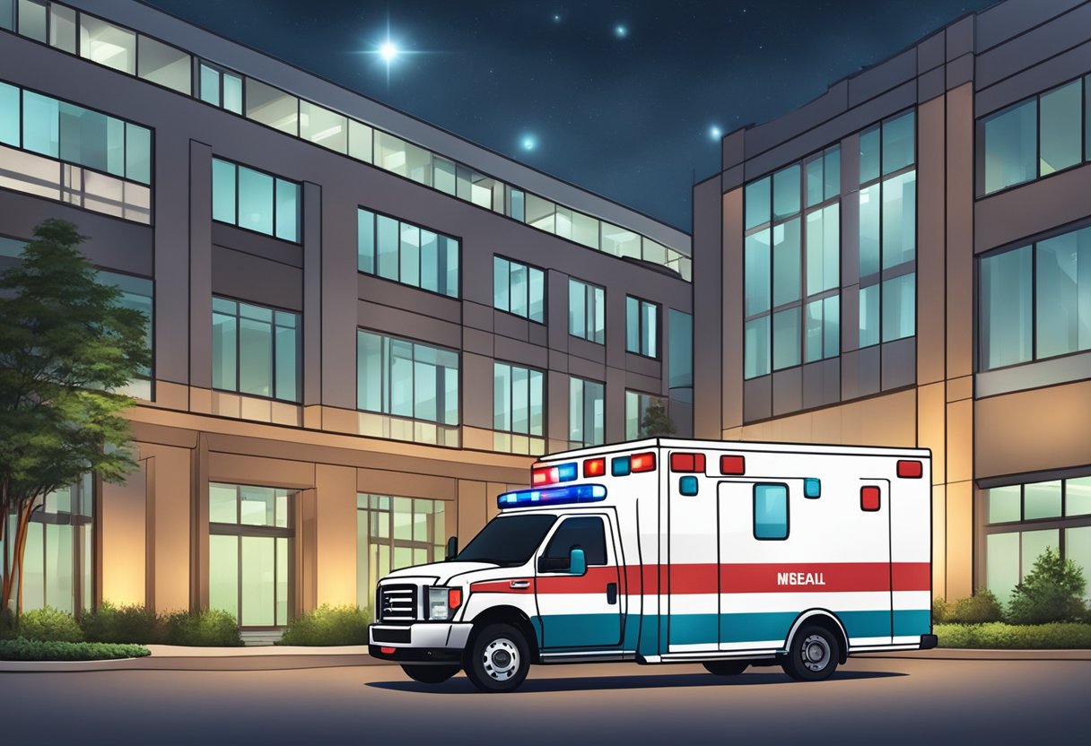 Uma ambulância estacionada do lado de fora de um hospital, com suas luzes piscando e equipamentos médicos visíveis através das janelas