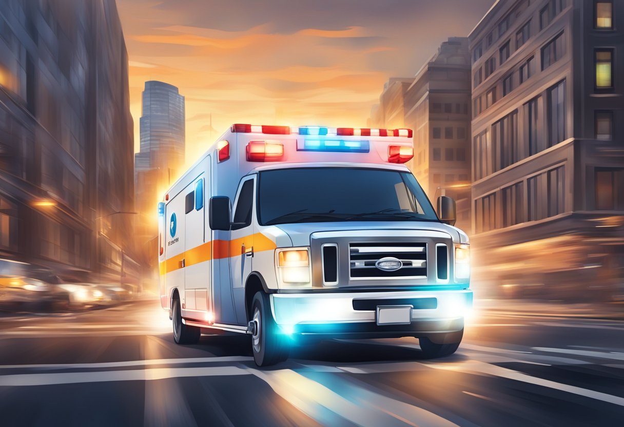 Uma ambulância acelerando pelas ruas da cidade com luzes piscando e sirenes soando