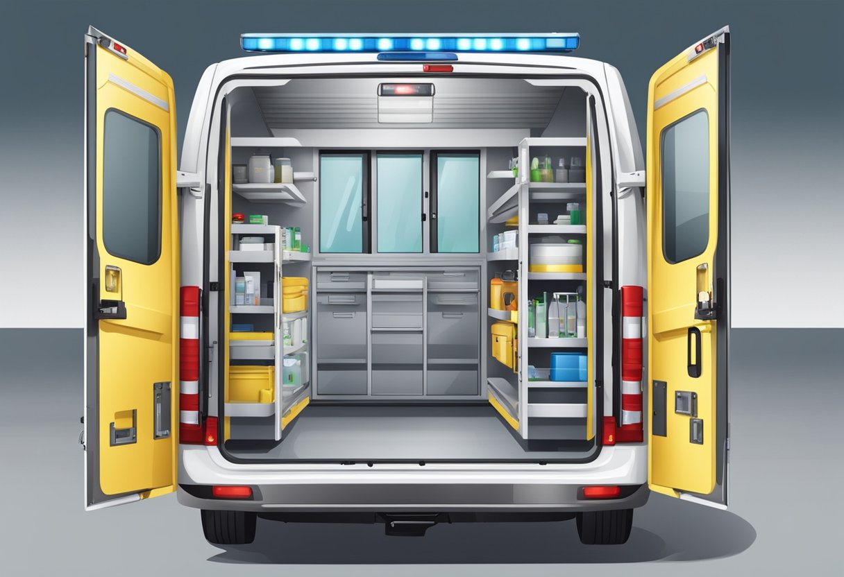 Uma ambulância de emergência estacionada com as portas traseiras abertas, equipamentos médicos e suprimentos organizados de forma ordenada dentro.