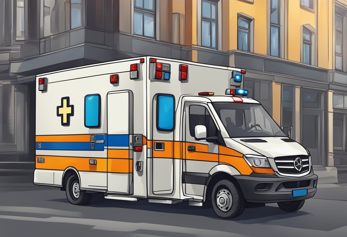 Uma ambulância de emergência com luzes piscando e um paramédico carregando uma maca