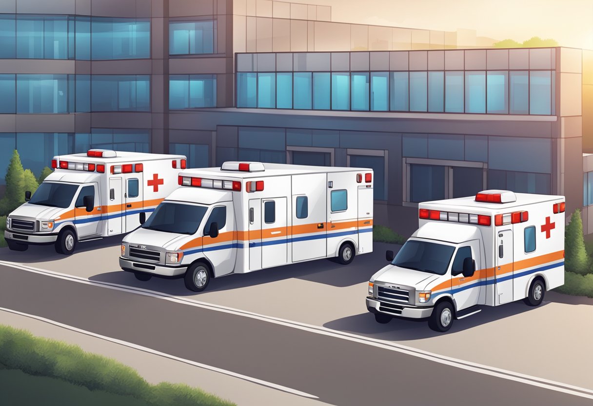 Uma cena de gerenciamento de frota de ambulâncias com uma fila de ambulâncias de emergência estacionadas do lado de fora de um hospital ou instalação médica