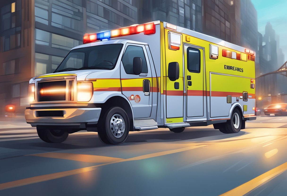 Uma ambulância de emergência navegando pelas ruas da cidade com luzes piscando e sirenes