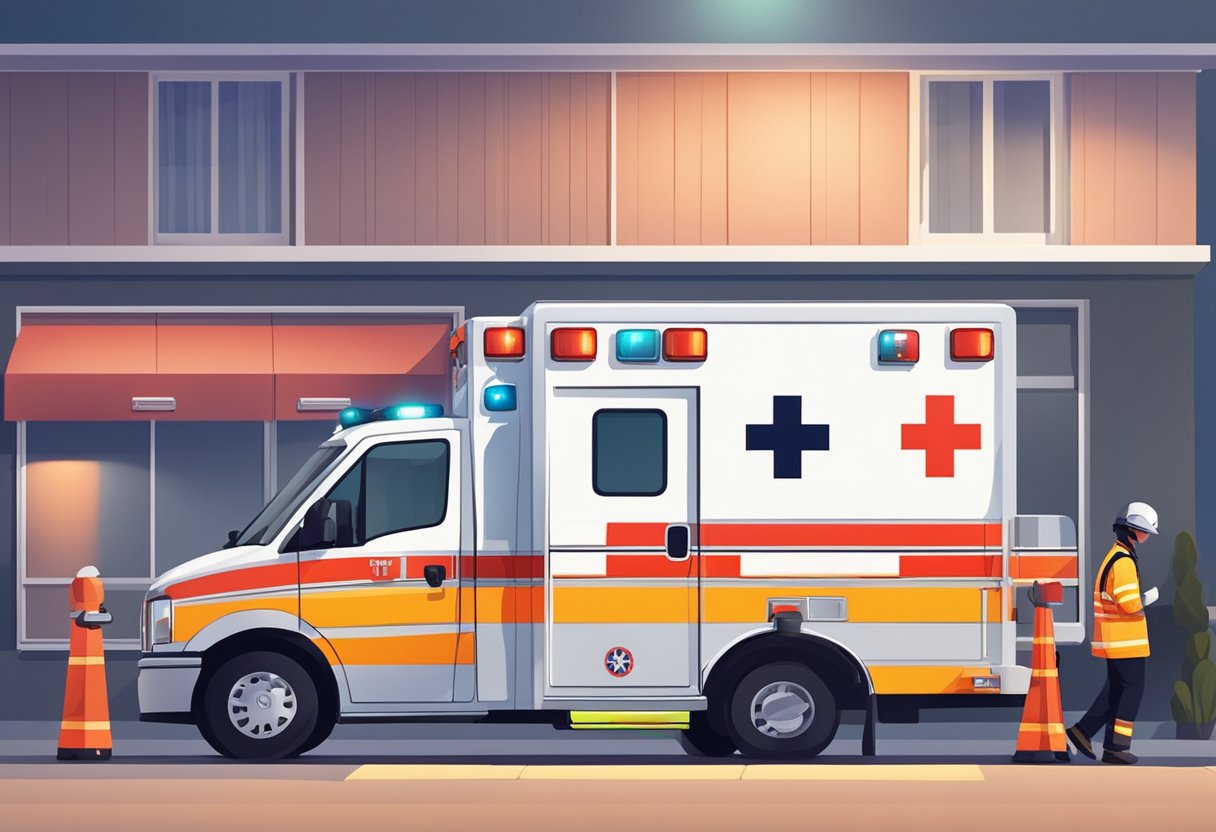 Uma ambulância de emergência particular estacionada do lado de fora de um prédio, com suas luzes piscando e paramédicos atendendo a um paciente em uma maca.