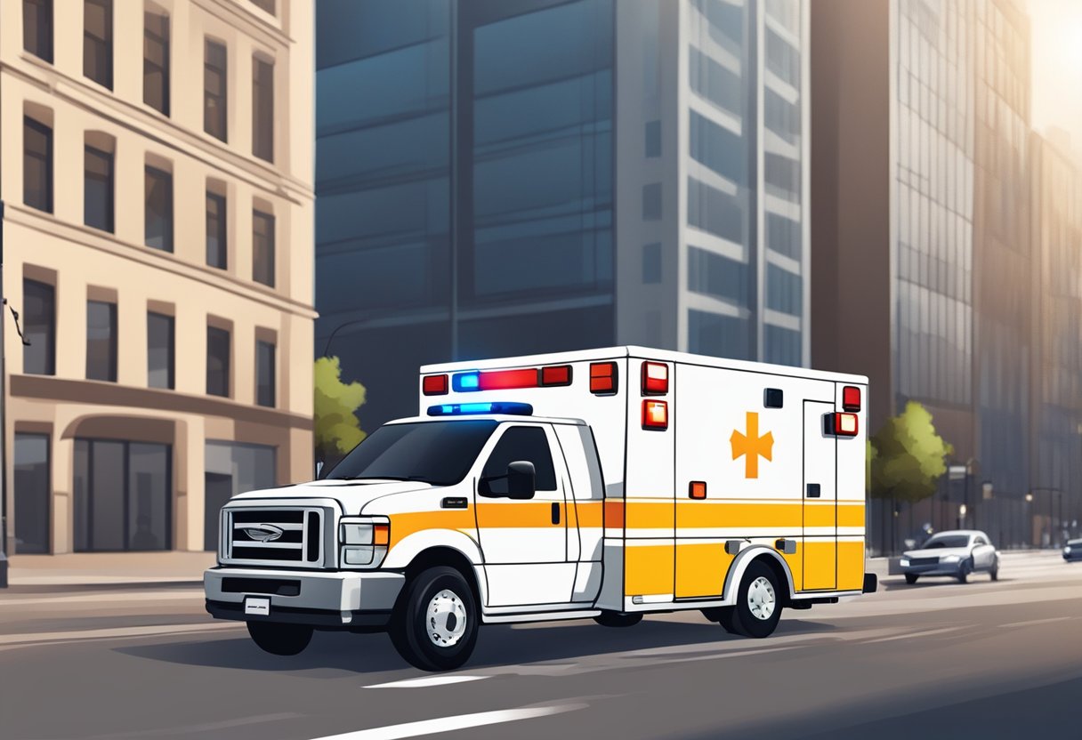 Uma ambulância de emergência particular correndo pelas ruas da cidade com luzes piscando e sirenes soando