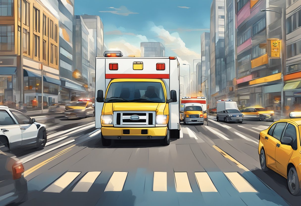 Uma ambulância de emergência correndo pelo trânsito, sirenes tocando