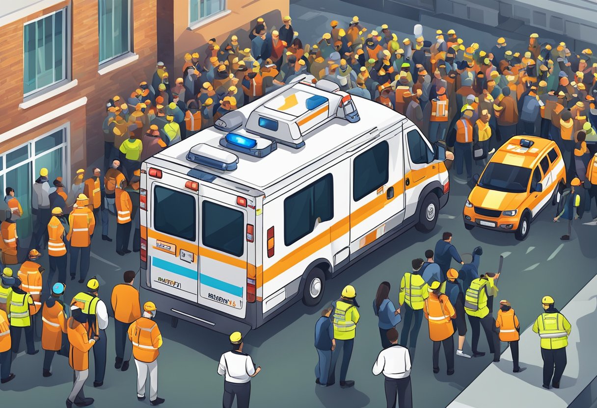 Uma ambulância particular de emergência estacionada em um evento lotado, com suas luzes piscando e paramédicos atendendo a um paciente em uma maca.