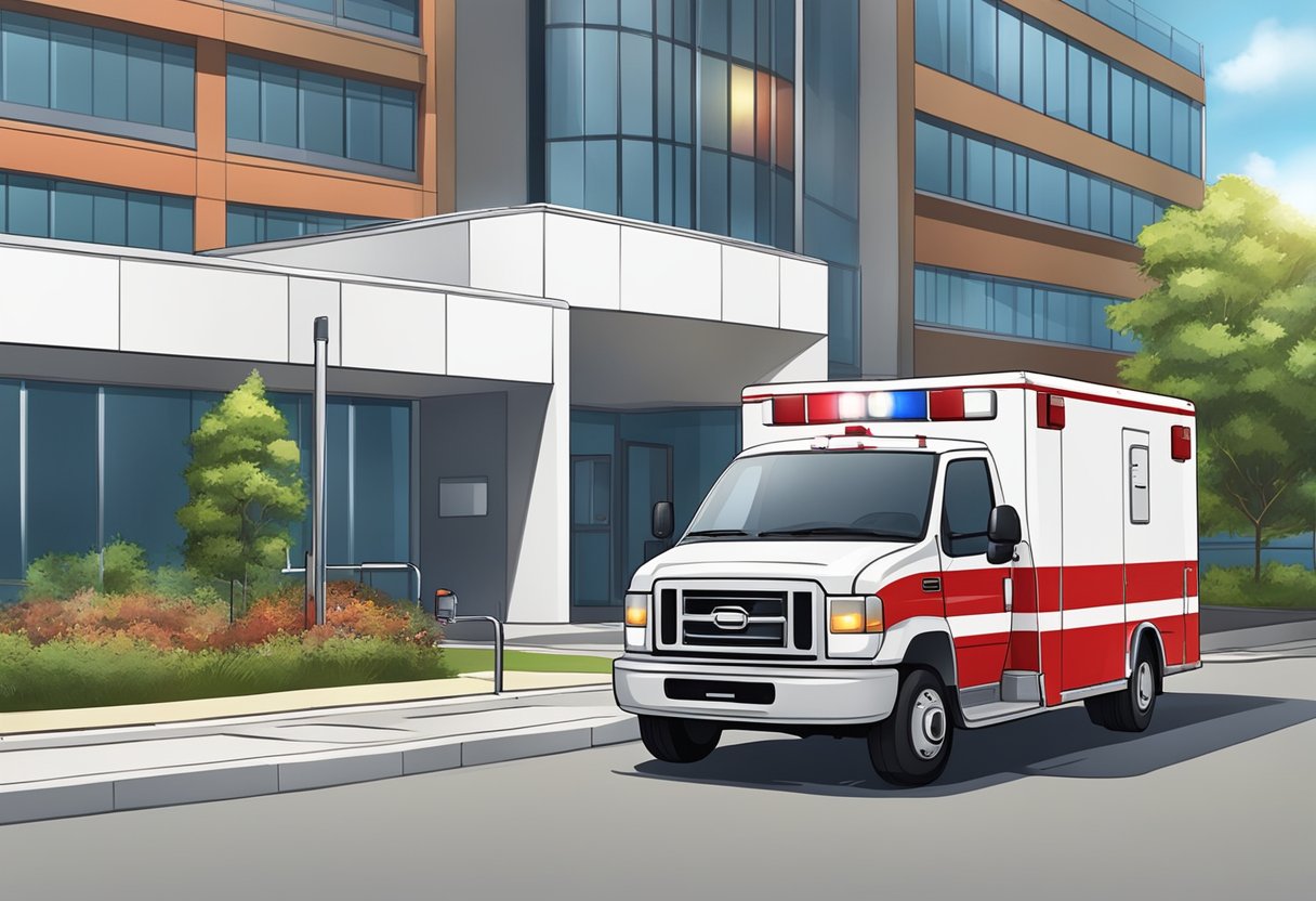 Uma ambulância branca e vermelha estacionada do lado de fora de um hospital com suas luzes piscando