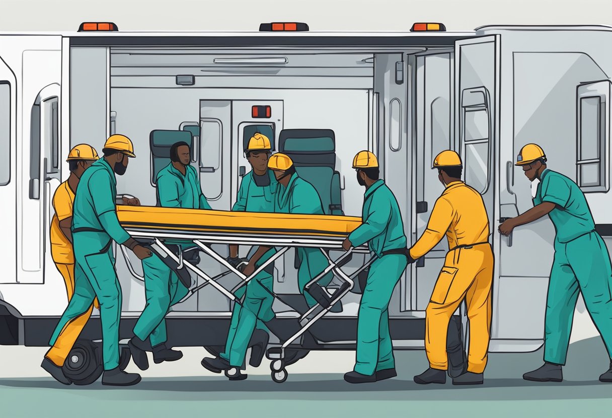 Um paciente sendo transferido com segurança para uma maca por pessoal médico antes de ser colocado em uma ambulância para remoção.