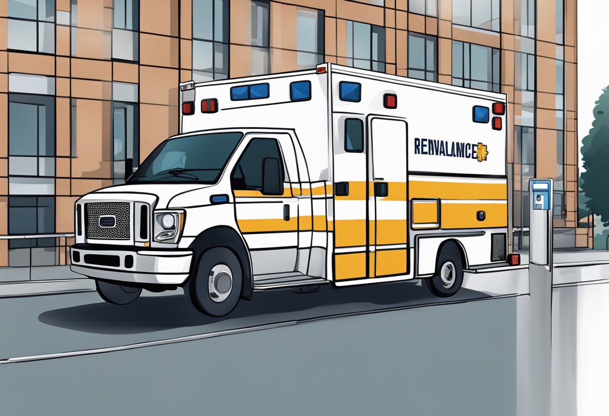 Uma ambulância de remoção estacionada do lado de fora de um hospital com suas luzes acesas, pronta para o serviço