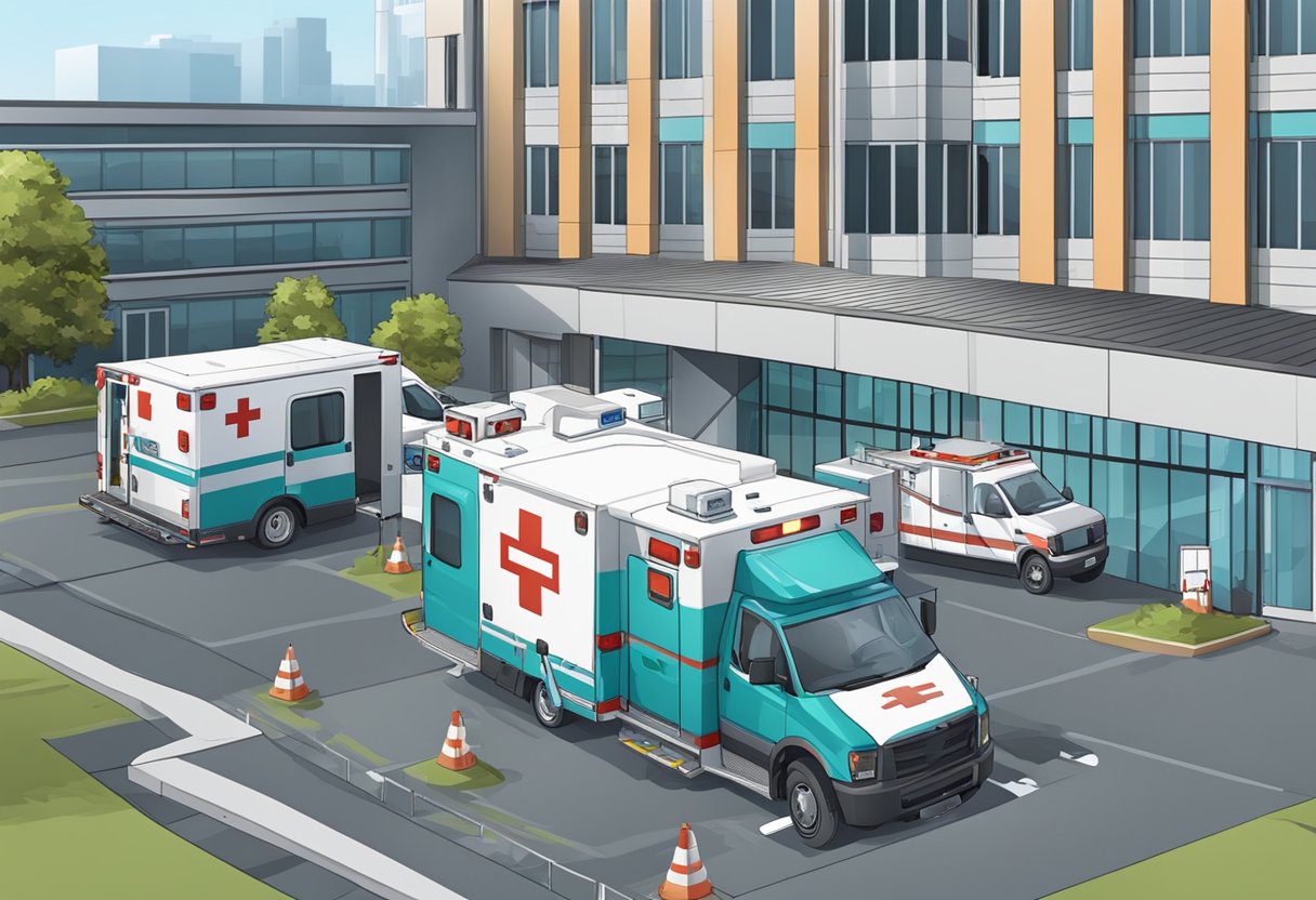 An ambulance parked outside a hospital, with medical equipment and supplies being loaded onto it