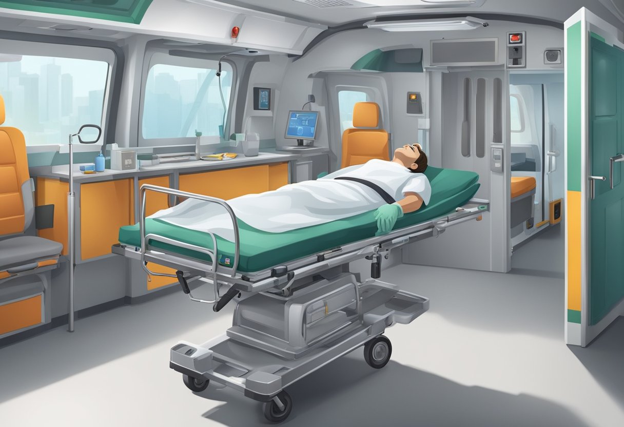 Um paciente deitado em uma maca dentro de uma ambulância, com equipamentos médicos e um ambiente confortável e seguro para transporte.