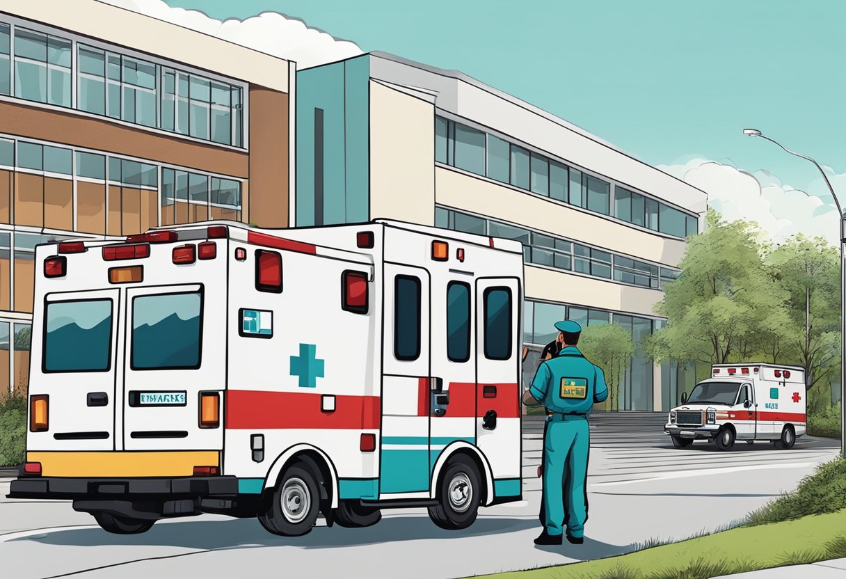 Um paramédico falando em um rádio enquanto uma ambulância espera do lado de fora de um hospital