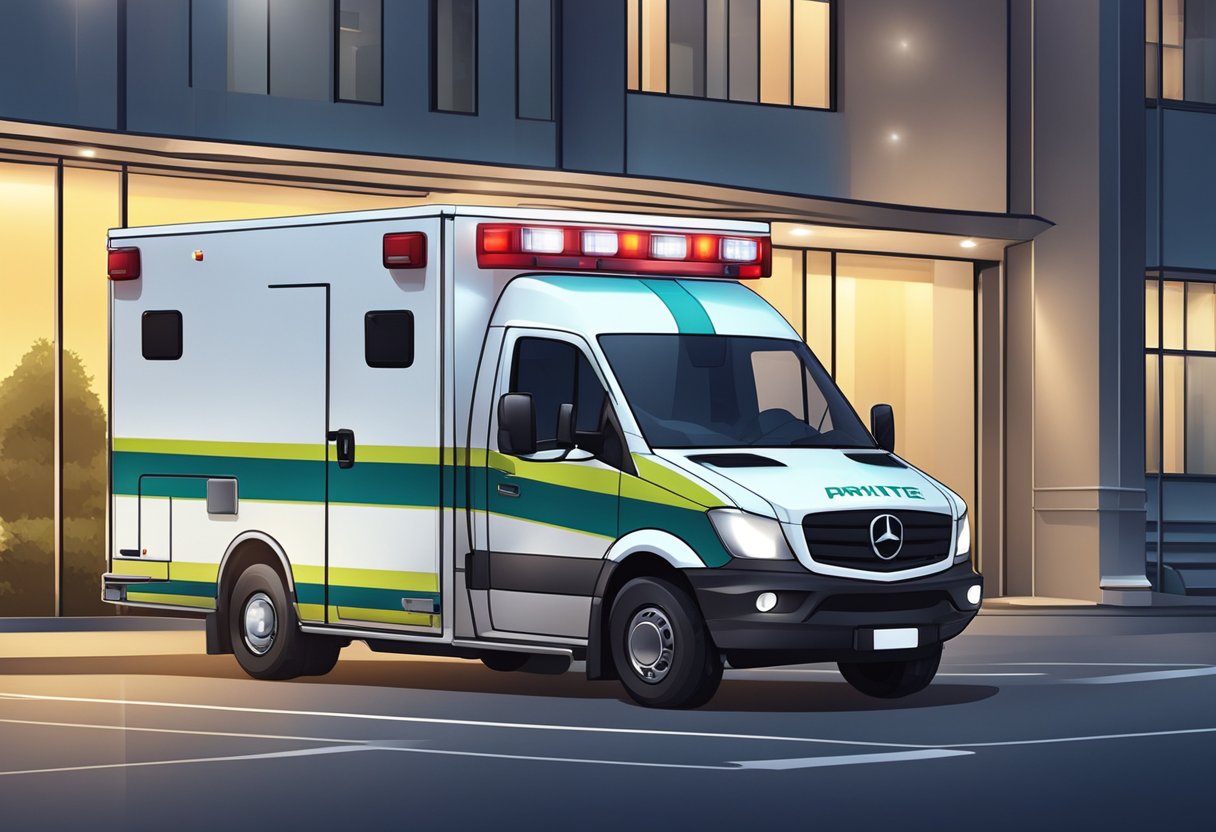 Uma ambulância particular estacionada do lado de fora de um prédio, com suas luzes piscando e a maca pronta para uso