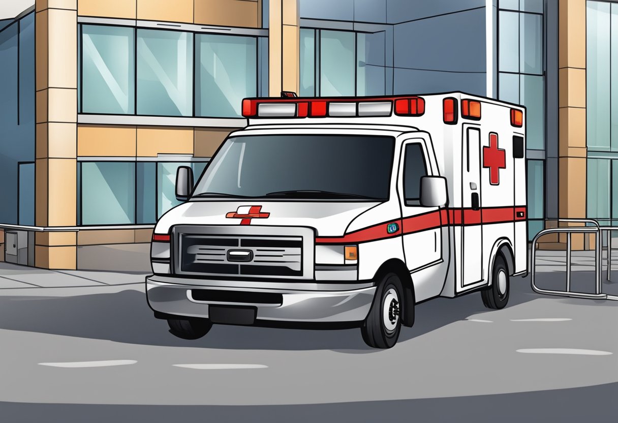 Uma ambulância estacionada do lado de fora de um hospital, pronta para o transporte de pacientes.