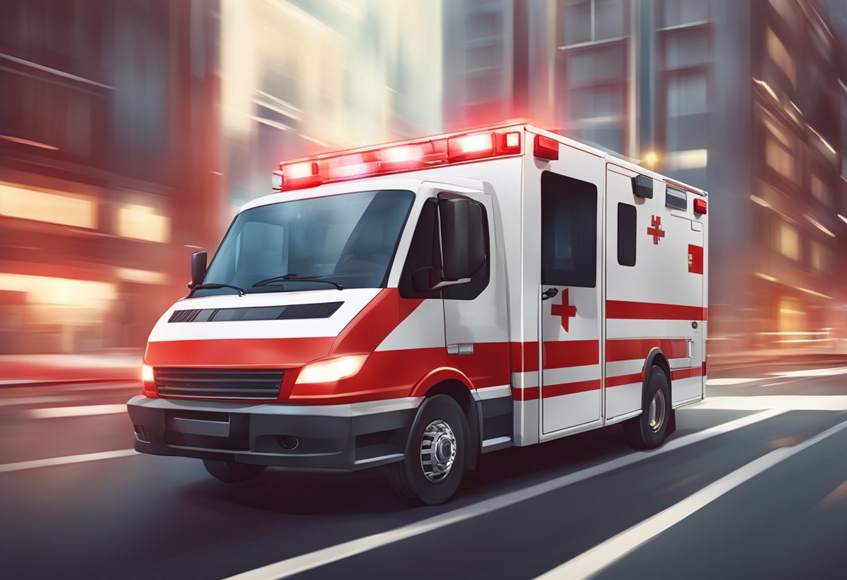 Ambulancia de resgate: funções essenciais e quando acionar 1 Uma ambulância de resgate vermelha e branca acelerando por uma rua da cidade com luzes piscando e sirenes tocando