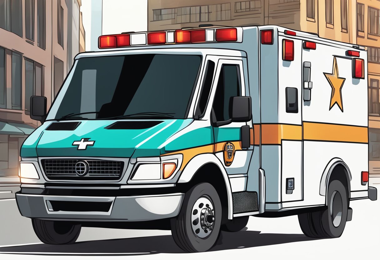 Ambulancia de resgate: funções essenciais e quando acionar 2 Uma ambulância acelerando pelas ruas da cidade com luzes piscando e sirenes soando, apressando-se para uma missão de resgate.