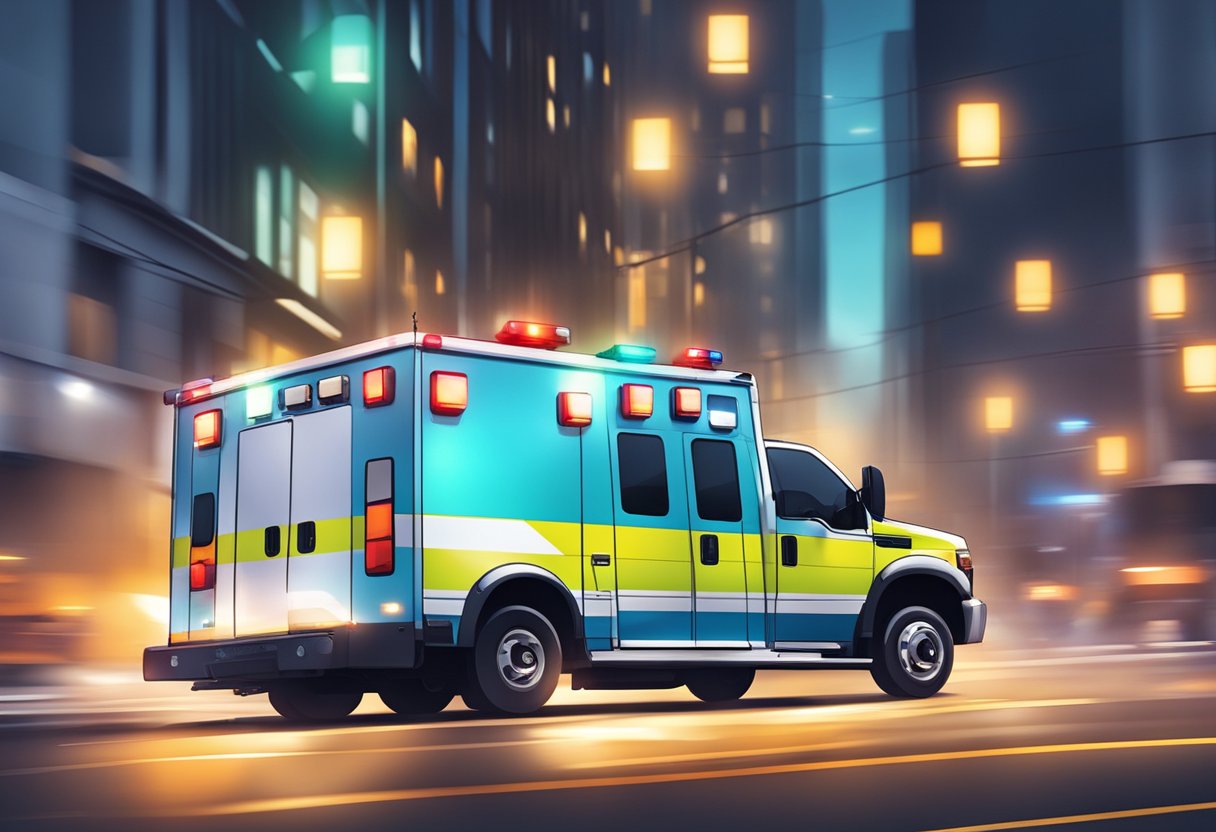 Ambulancia de resgate: funções essenciais e quando acionar 6 Uma ambulância correndo pelas ruas da cidade com luzes piscando e sirenes soando