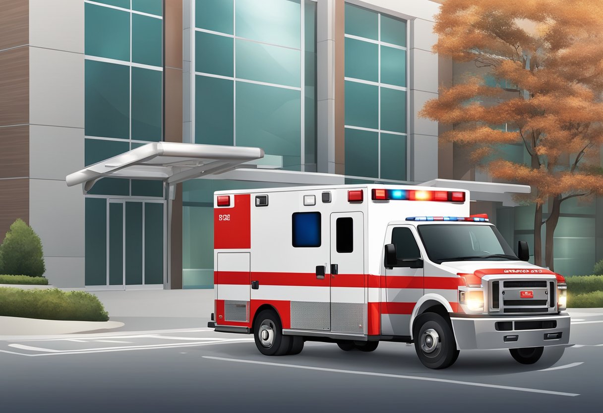 Ambulancia de resgate: funções essenciais e quando acionar 7 Uma ambulância de resgate vermelha e branca com luzes piscantes e sirenes, estacionada na entrada de emergência de um hospital