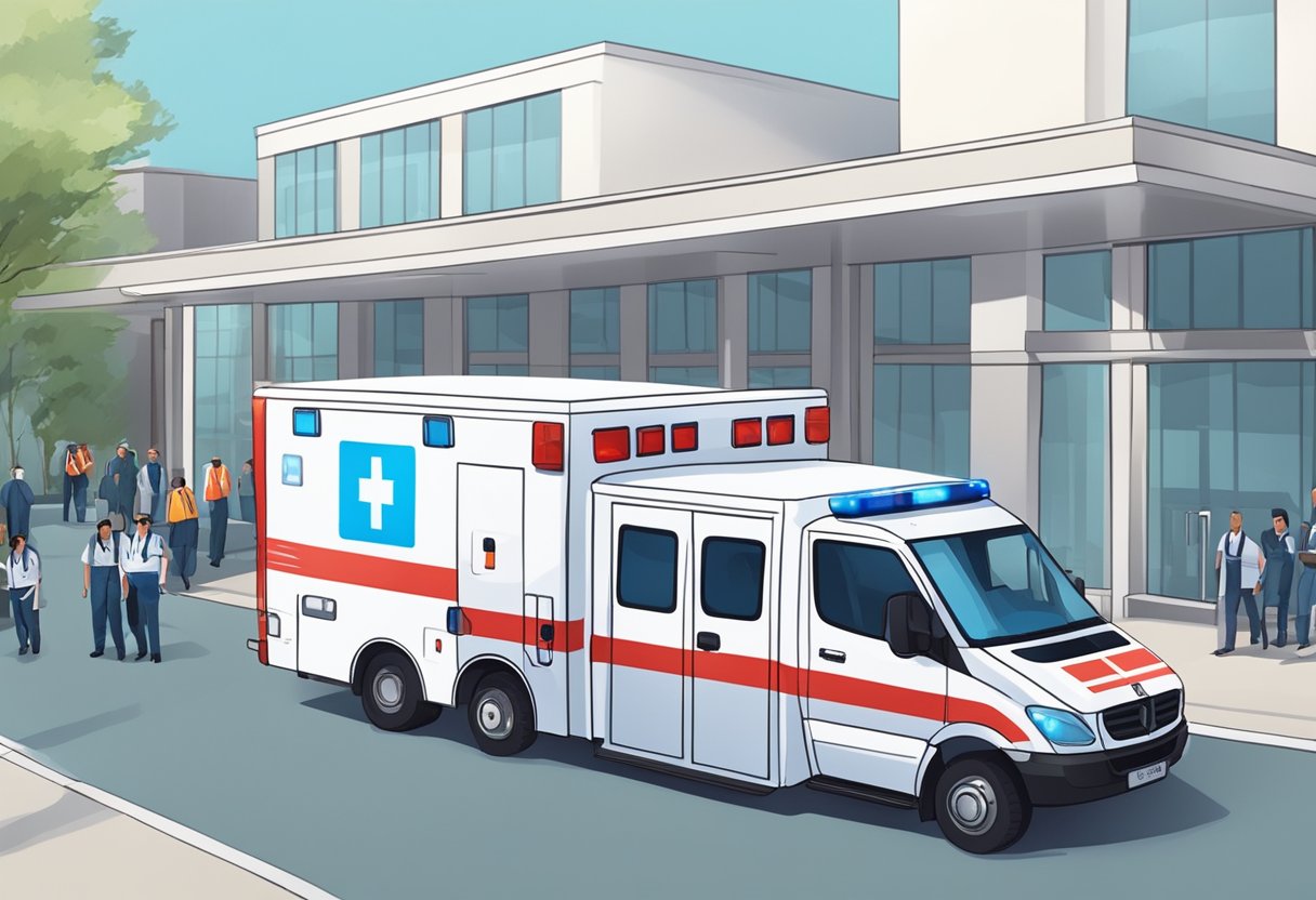 Uma ambulância branca com luzes de emergência vermelhas e azuis estacionou do lado de fora de um hospital, com a equipe médica carregando uma maca na parte de trás.
