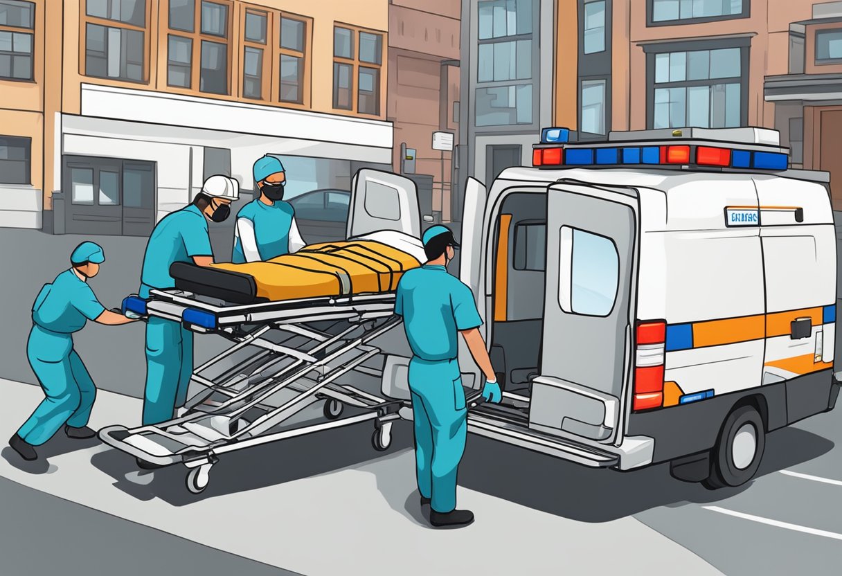 Um paciente sendo colocado em uma maca de ambulância por profissionais de saúde