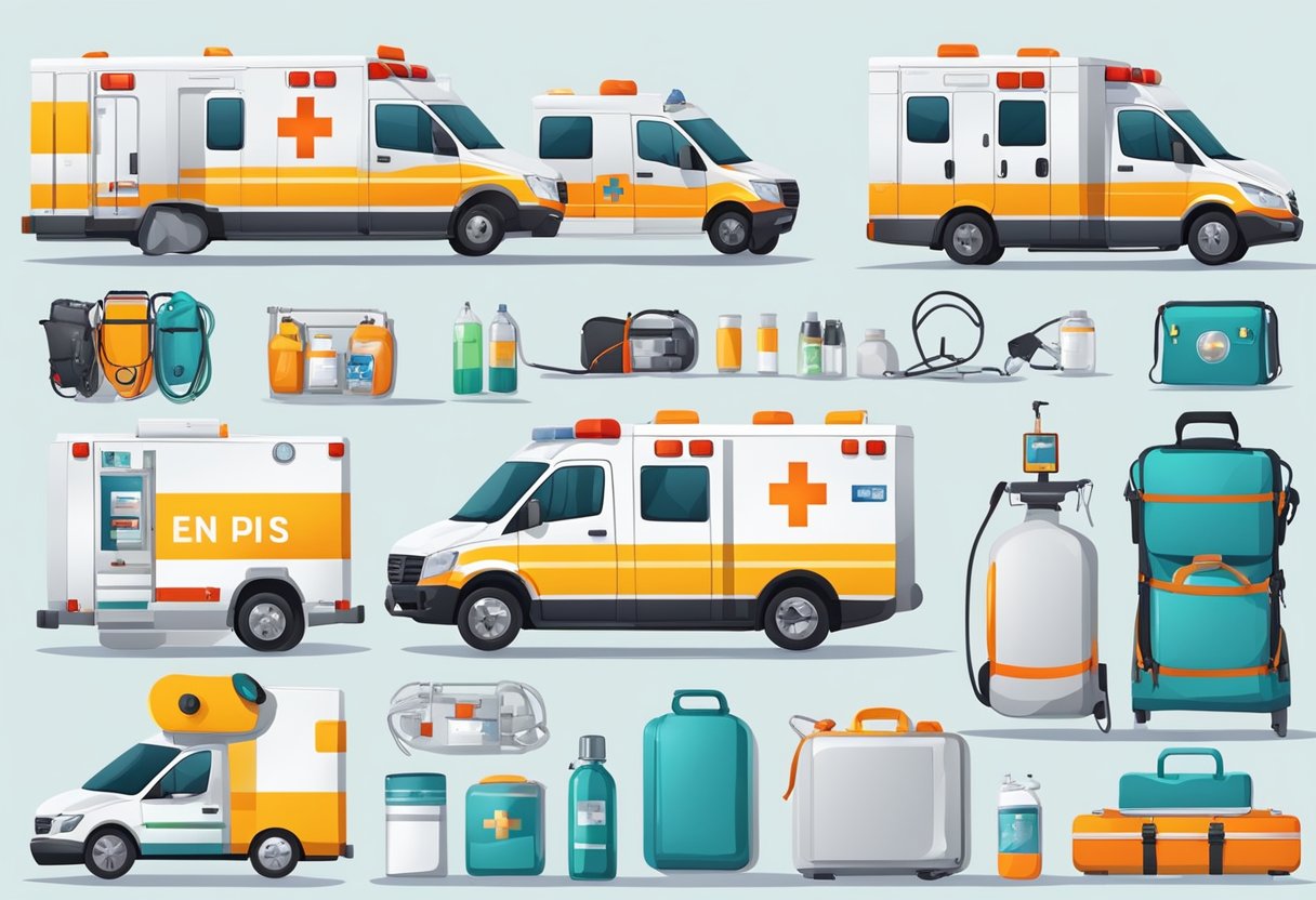 Uma ambulância com equipamentos e suprimentos médicos, incluindo uma maca, cilindro de oxigênio, desfibrilador e bolsas médicas.