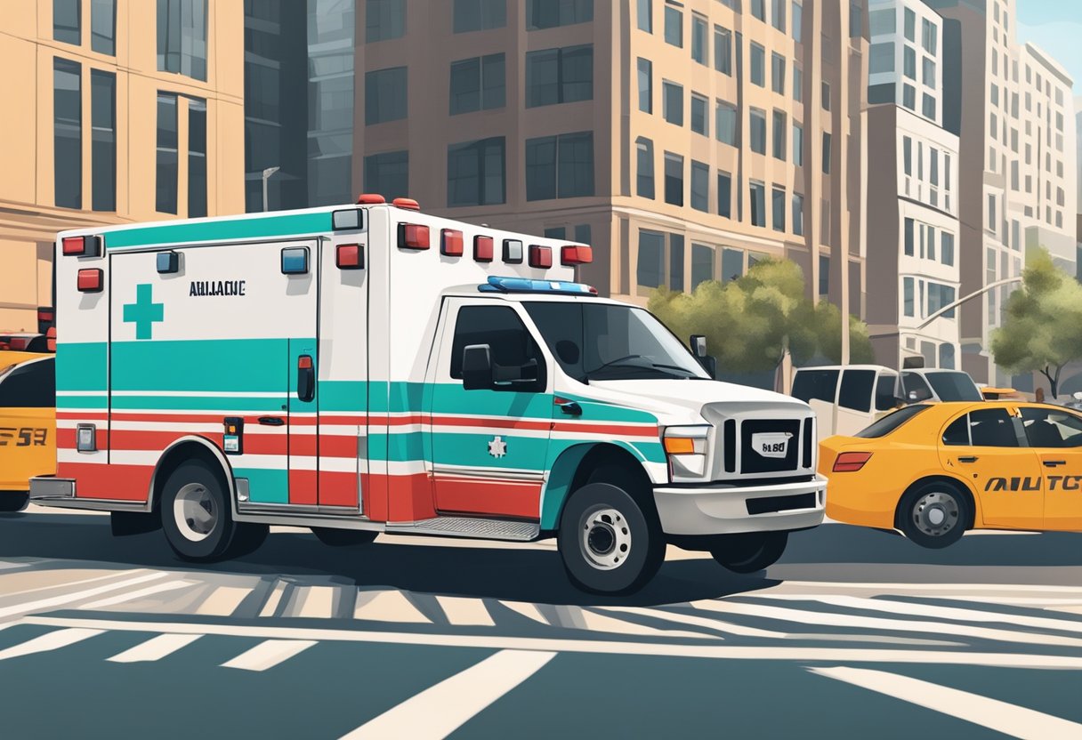 Uma ambulância acelerando pelas ruas da cidade, sirenes soando, enquanto navega pelo tráfego com urgência e eficiência.