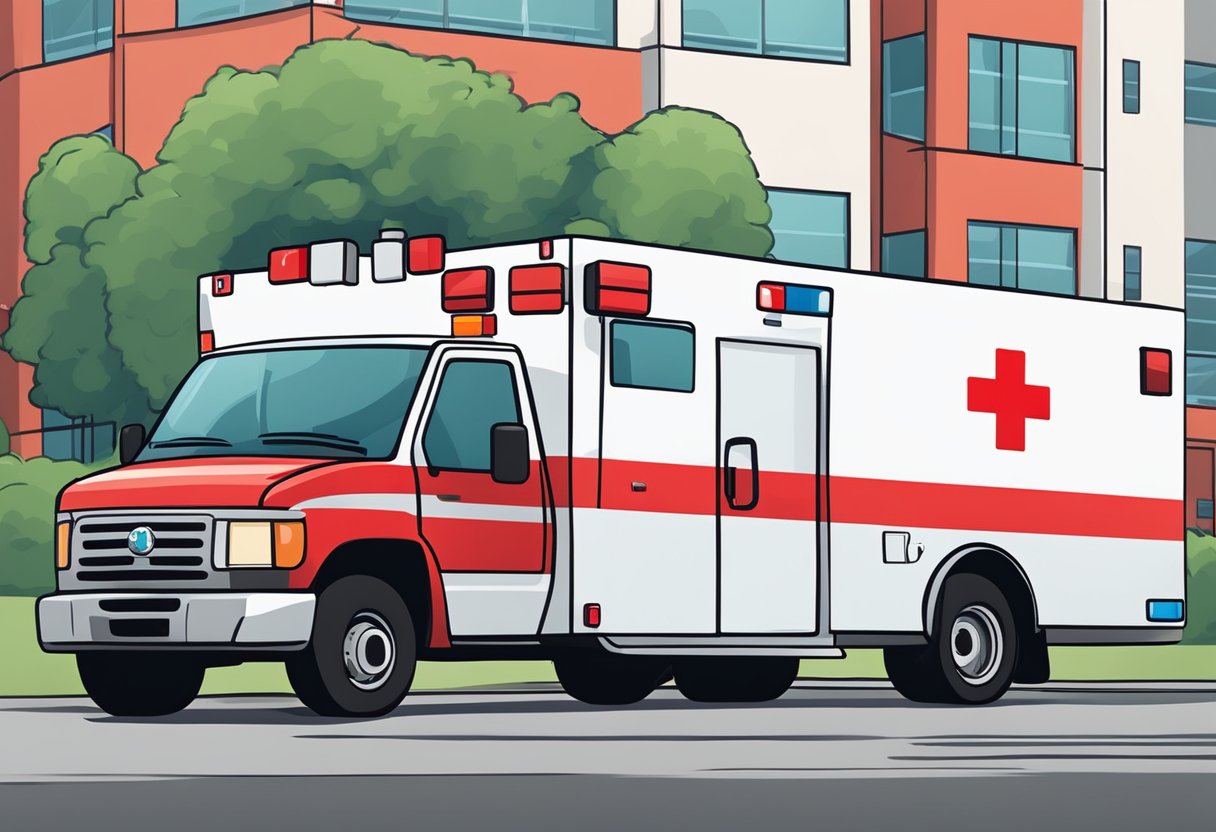Uma ambulância estacionada do lado de fora de um hospital, com o veículo vermelho e branco claramente marcado com símbolos médicos.