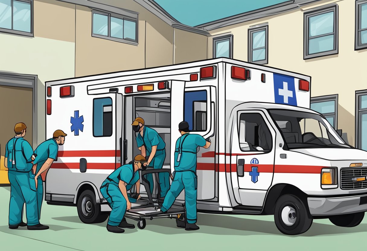 Uma equipe de transporte médico profissional carregando equipamentos em uma ambulância
