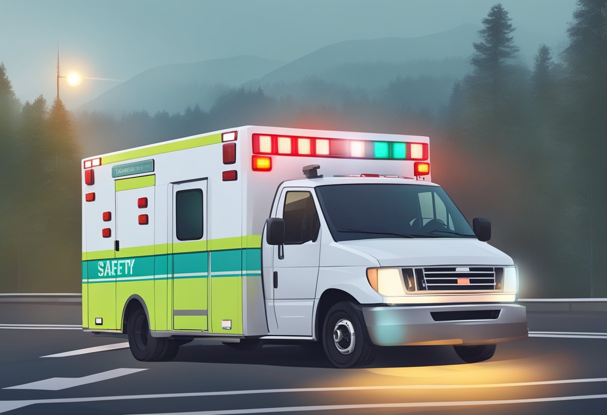 Uma ambulância dirigindo com cuidado em uma estrada, com suas luzes piscando e sirene tocando, enquanto segue todos os protocolos de segurança.