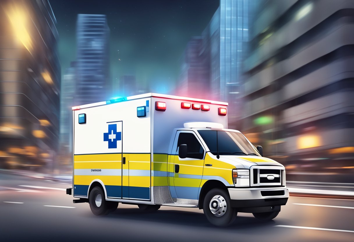 Uma ambulância moderna acelerando pelas ruas da cidade, com luzes piscando e sirenes, a caminho de uma emergência médica.