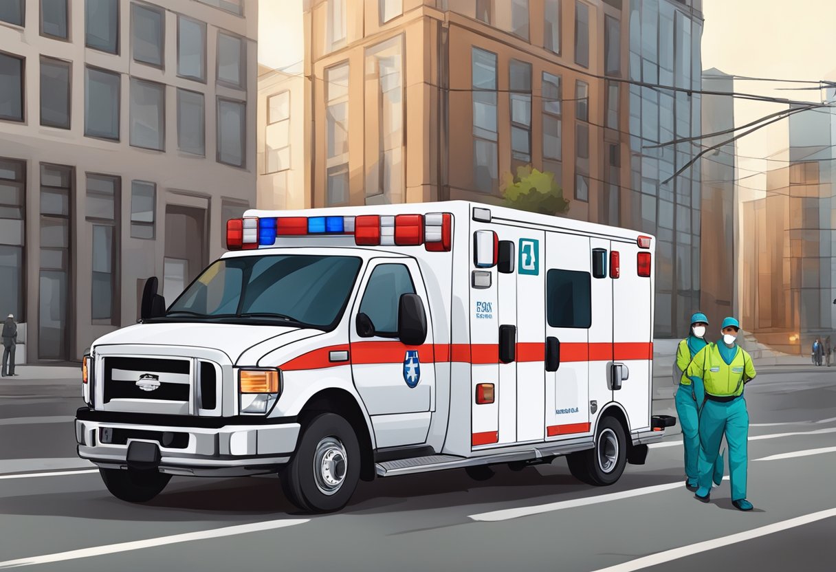 Uma ambulância tipo A com uma equipe de profissionais de saúde pronta para transporte
