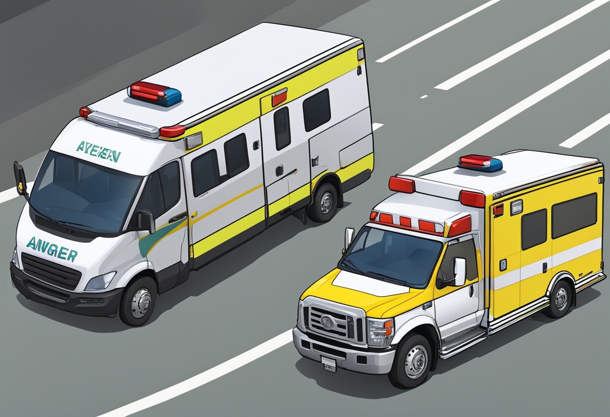 Uma ambulância de transporte Tipo A estacionou ao lado de uma ambulância maior e mais equipada, destacando as diferenças de tamanho e características.