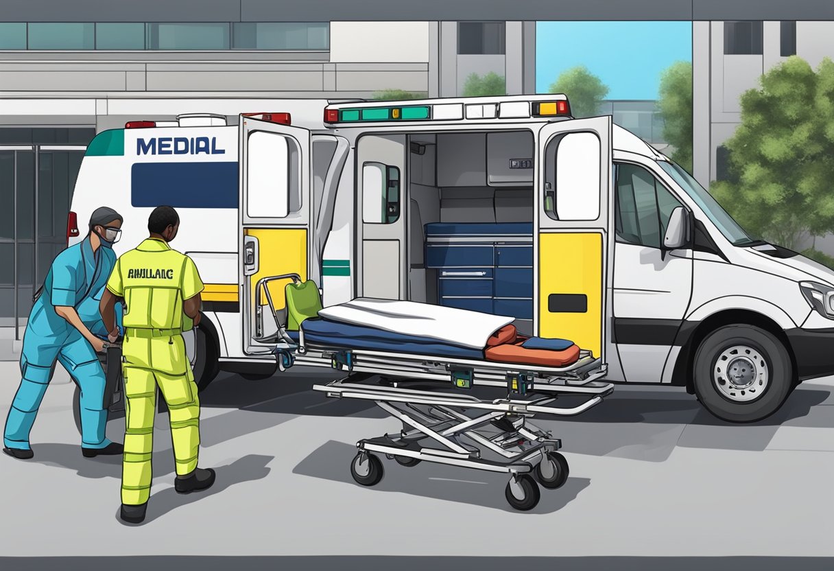 Um paciente sendo cuidadosamente carregado em uma ambulância de transporte médico, com equipamentos médicos de emergência e pessoal nas proximidades.