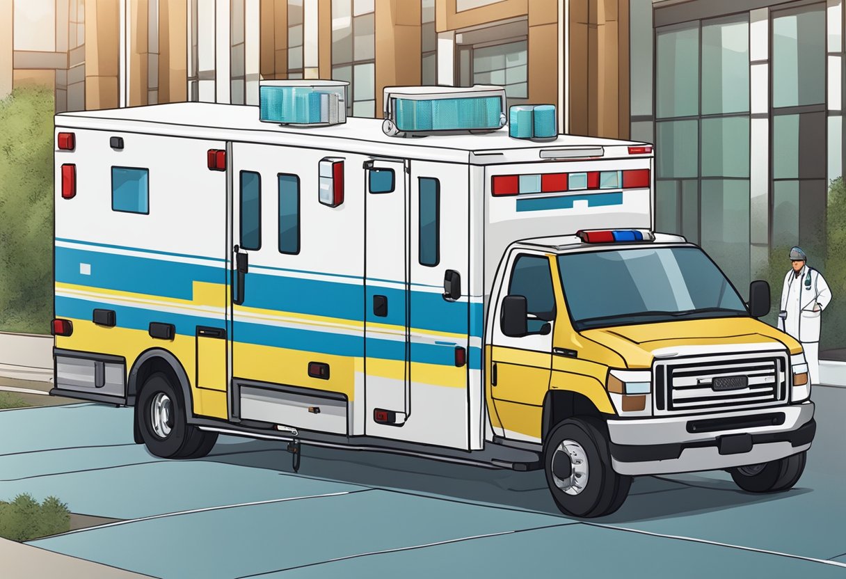 Uma ambulância estacionada do lado de fora de uma unidade de saúde, com equipamentos médicos visíveis dentro. Um profissional de saúde está ajudando um paciente a entrar no veículo.