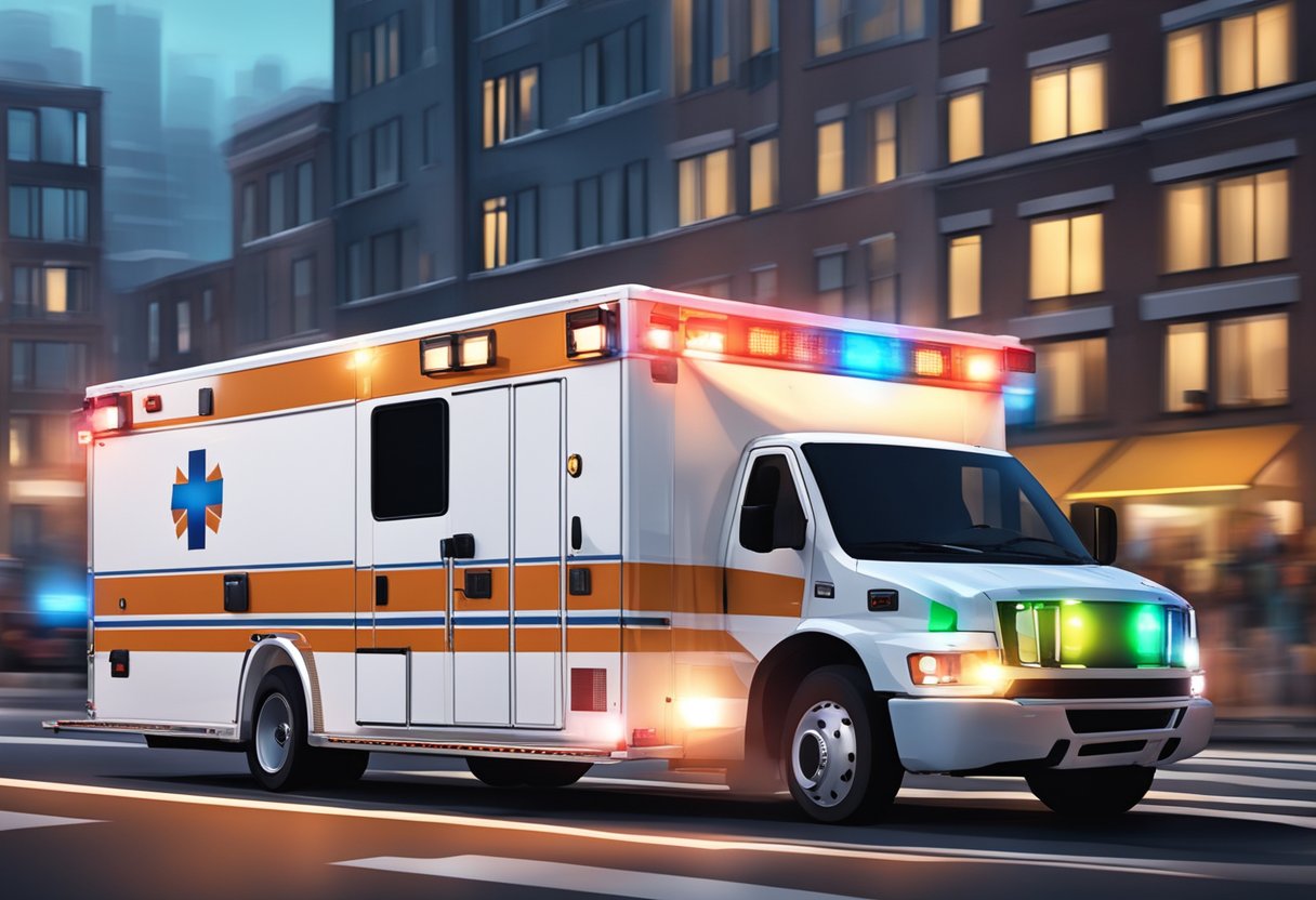 Uma ambulância de transporte médico especializado com luzes piscantes e sirenes acelerando por uma rua urbana movimentada