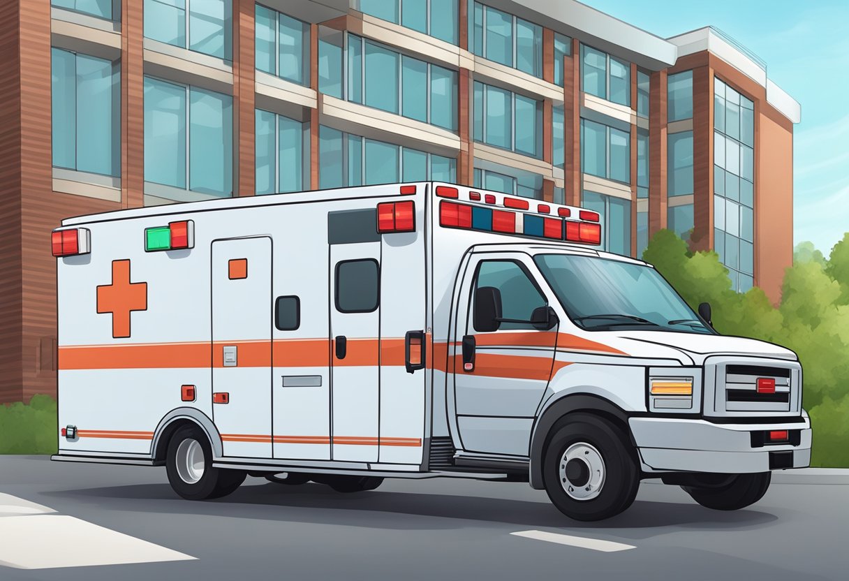 Uma ambulância tipo A estacionada do lado de fora de um hospital com suas luzes piscando