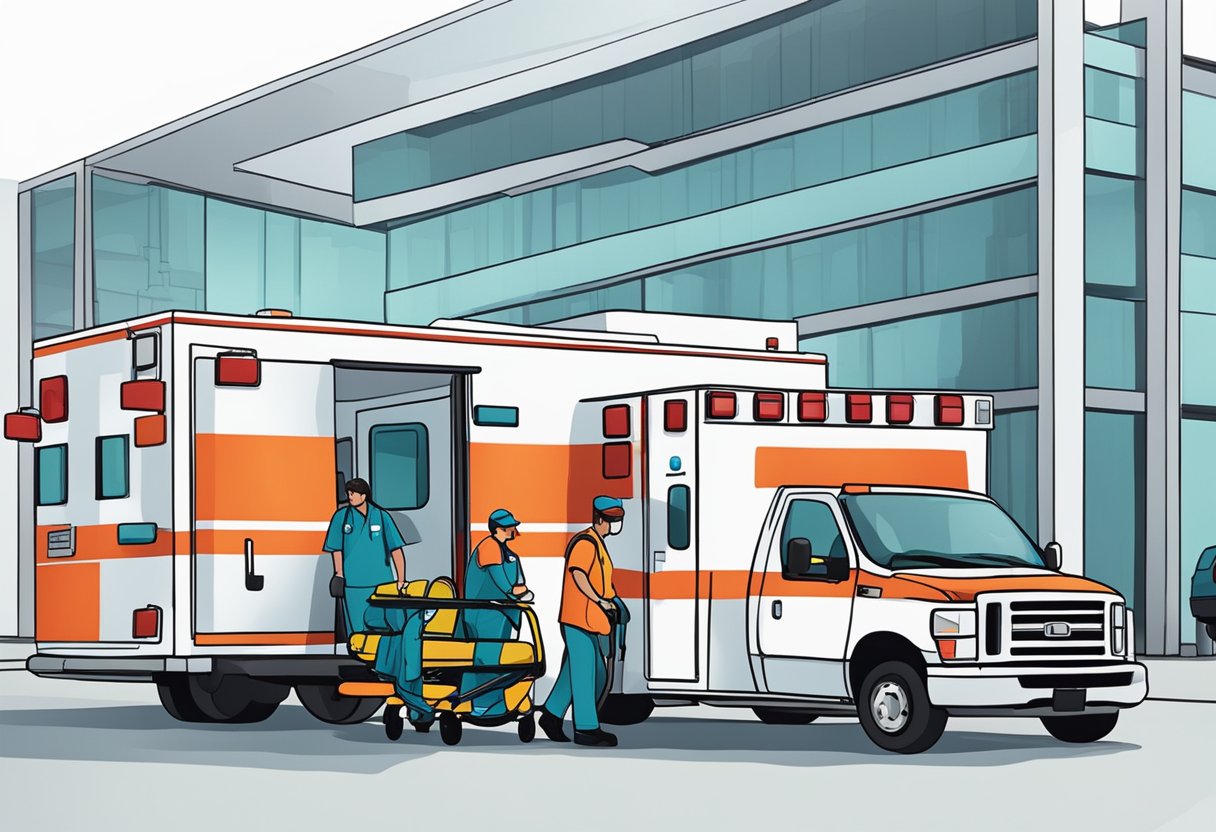 Uma ambulância do tipo A estacionou do lado de fora de um hospital, com paramédicos colocando um paciente em uma maca.