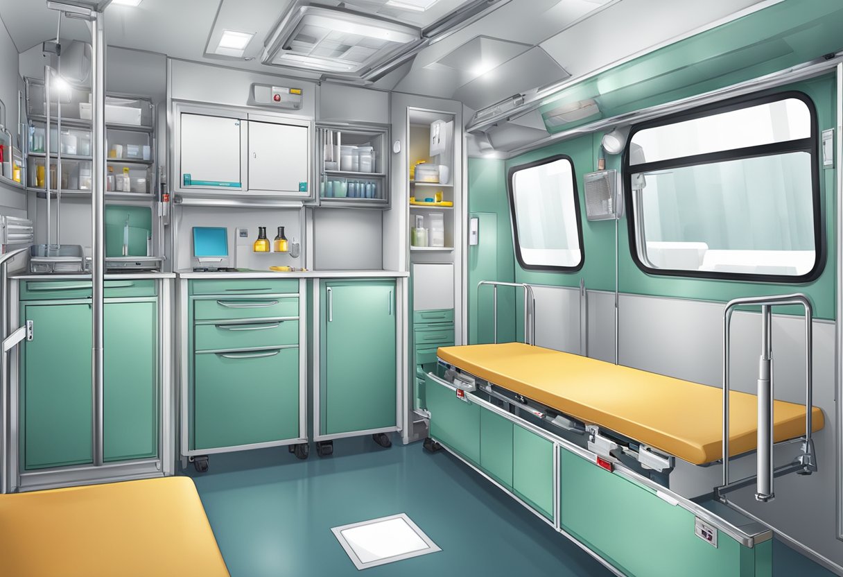 O interior da ambulância Tipo A com equipamentos médicos e estrutura