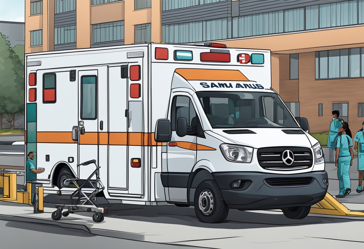 Uma ambulância do SAMU estacionada em frente a um hospital, com paramédicos carregando equipamentos médicos no veículo.