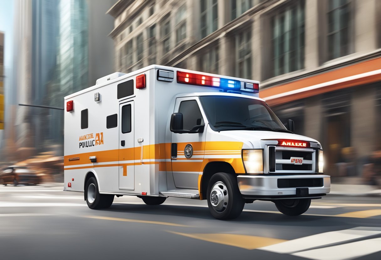Uma ambulância do tipo A acelerando pelas ruas da cidade, sirenes tocando, com um senso de urgência e importância para a saúde pública.