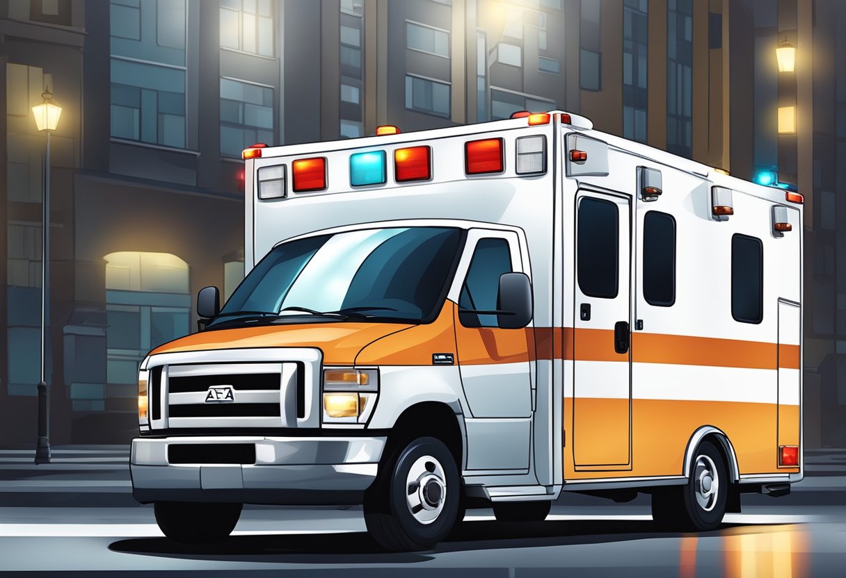 Uma ambulância tipo A estacionada com as luzes piscando