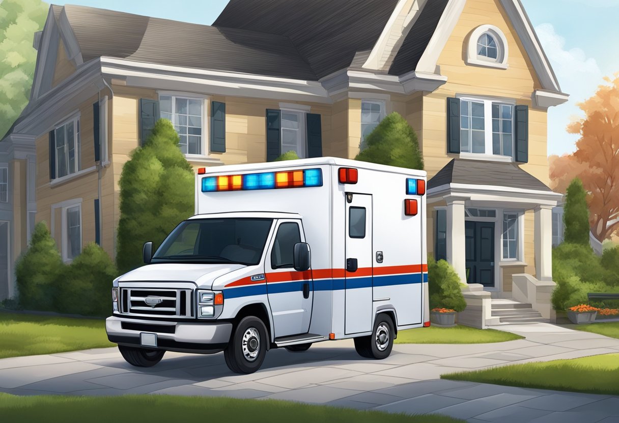 Uma ambulância estacionada em frente a uma casa residencial, com um profissional de saúde se aproximando da porta da frente carregando uma bolsa médica.