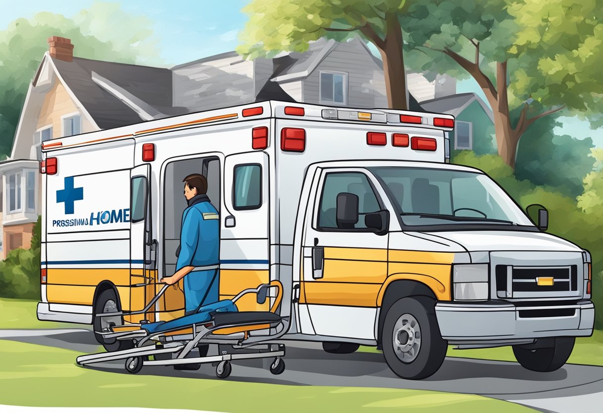 Um serviço de ambulância domiciliar com um veículo totalmente equipado estacionado em frente a uma residência, com profissionais de saúde atendendo a um paciente em uma maca.
