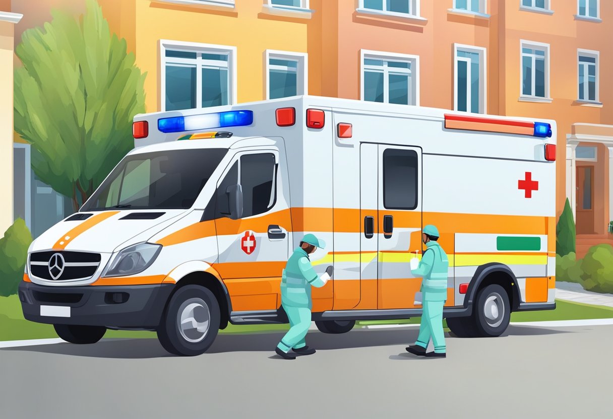 Uma ambulância do Serviço de Atendimento Móvel de Urgência (SAMU) estacionou em frente a uma casa, com paramédicos atendendo a um paciente em uma maca.