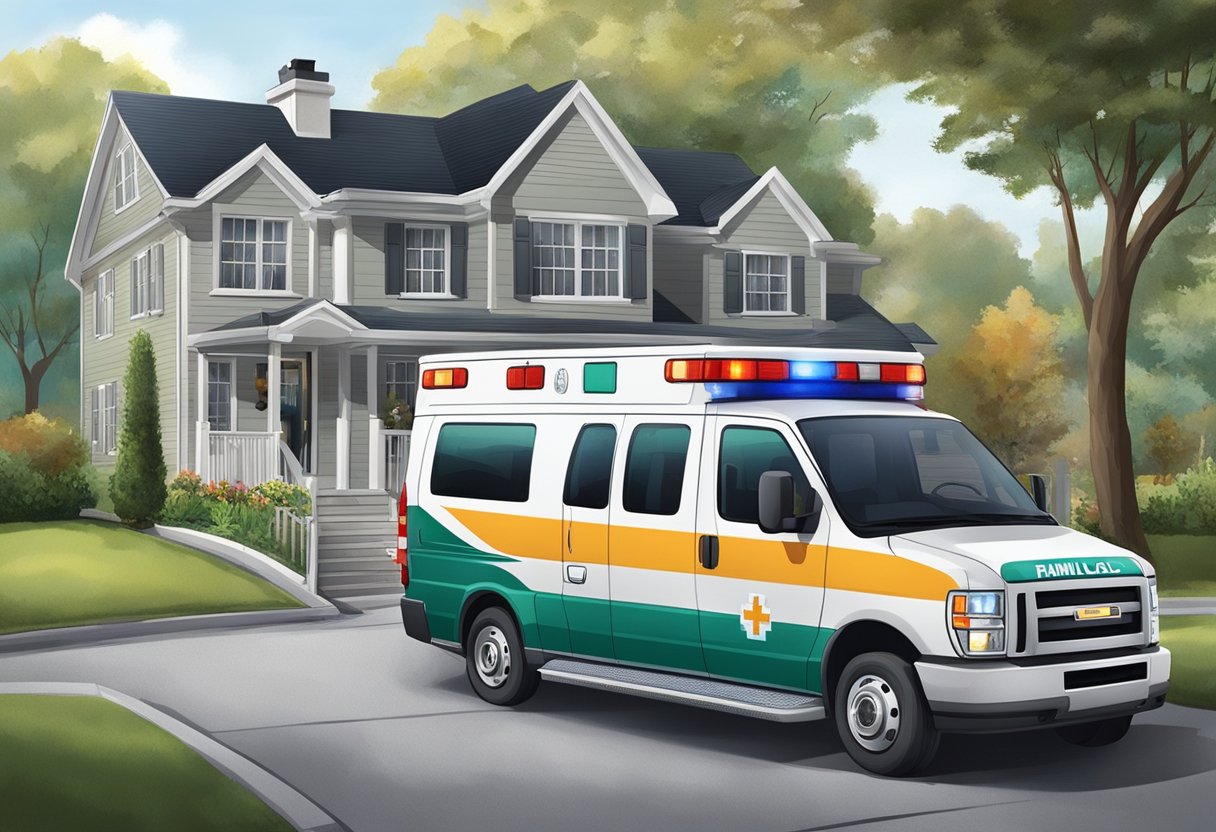 Uma casa de família com uma entrada, onde uma ambulância está estacionada e profissionais de saúde estão ajudando um paciente a entrar no veículo.